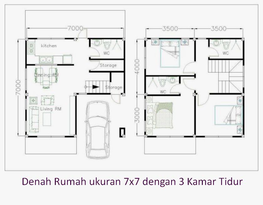 denah rumah 7x7 3 kamar tidur