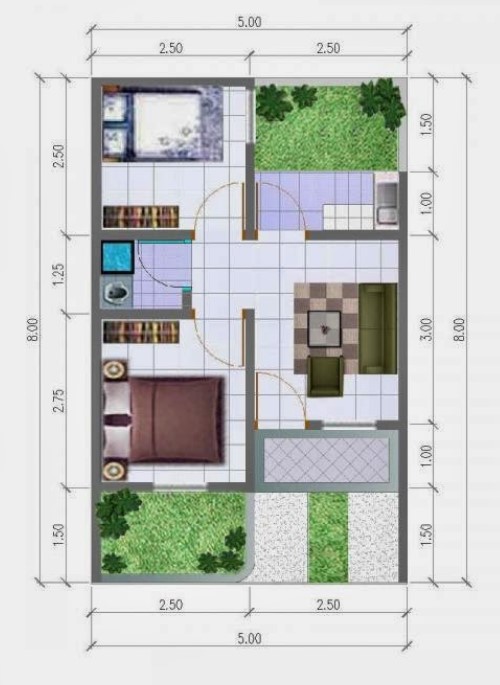Denah Rumah 5x7 2 Kamar Tidur