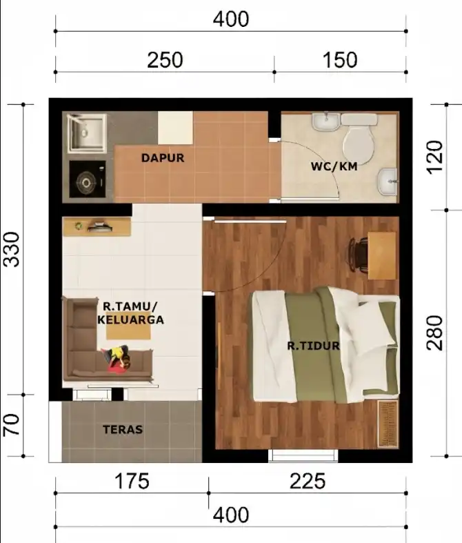 Denah Rumah Ukuran 4x4 1 lantai