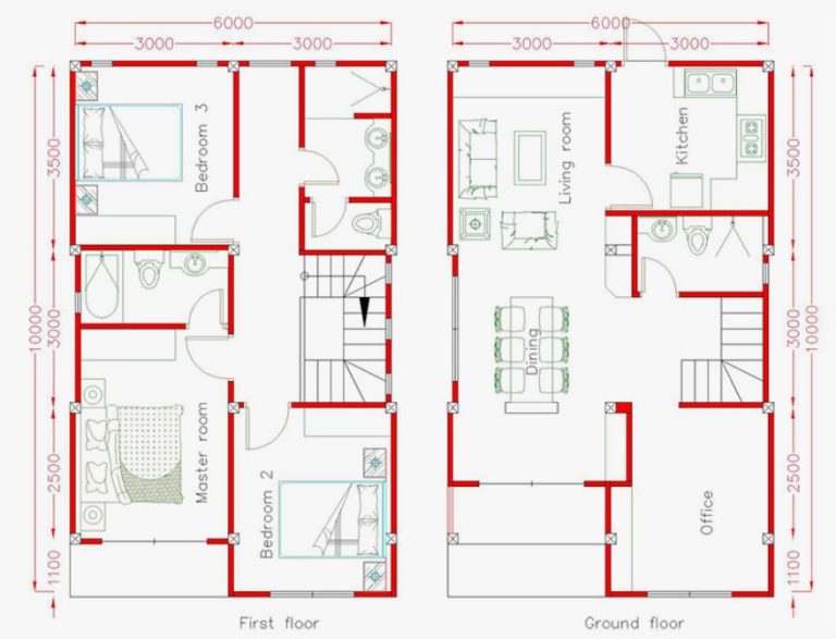 Denah rumah minimalis 6x10 2 Lantai 3 kamar