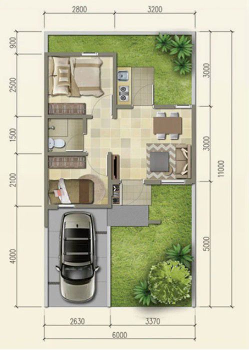 Desain Rumah 6x10 dengan Taman Luas