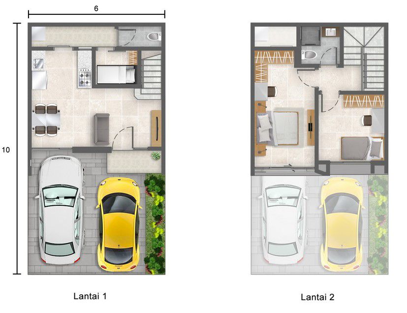Denah rumah minimalis 6x10 dengan Carport Luas
