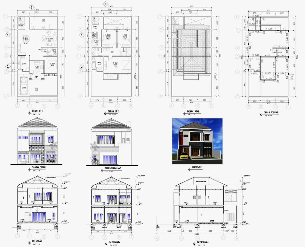 Denah Rumah 2 Lantai Lengkap dengan Tampak dan Potongan