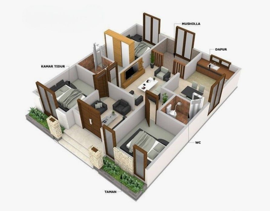 denah rumah 7x7 dengan Musholla