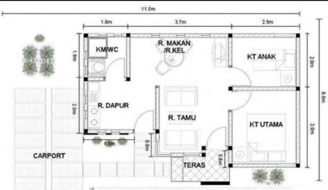 Denah Rumah 8x6 2 Kamar Garasi Luas