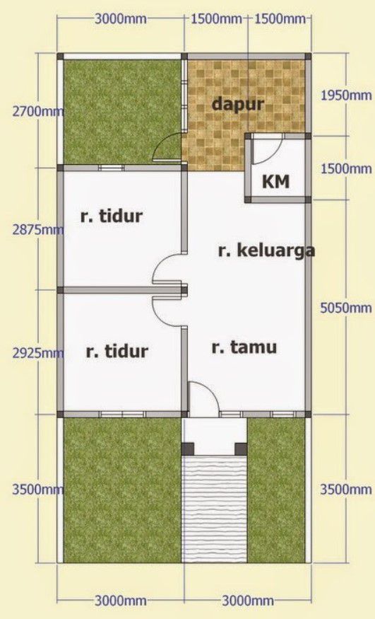 Denah Rumah 6x8 2 Lantai dengan Taman