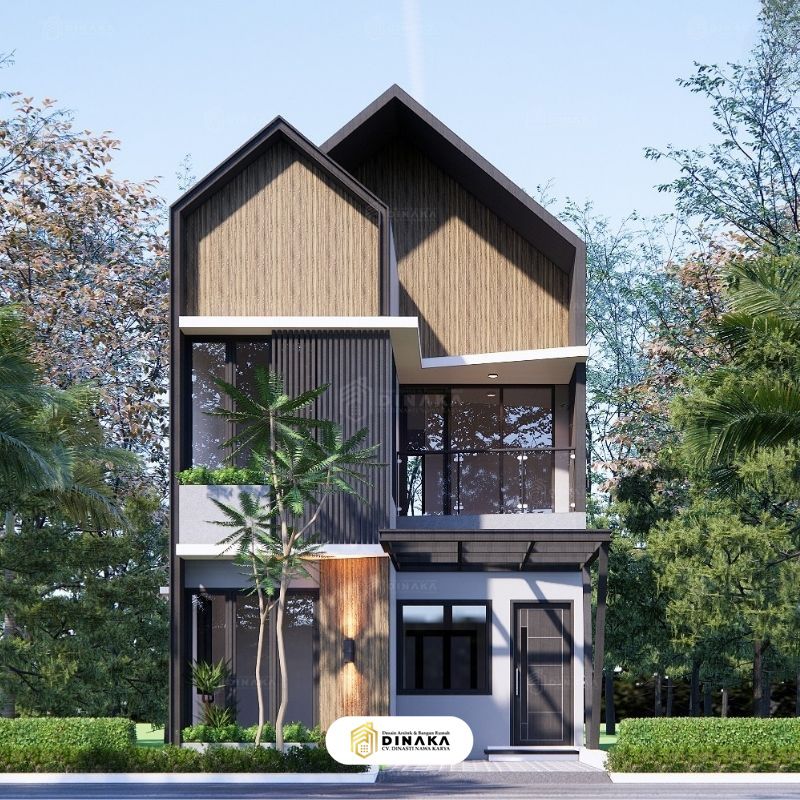 Tampak depan rumah 2 lantai ukuran 6x12 gaya Skandinavian
