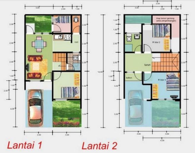 Tata letak denah rumah 6x12 2 lantai 4 kamar