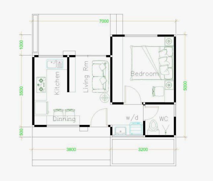 Denah Rumah 5x7 Meter 1 Kamar Tidur