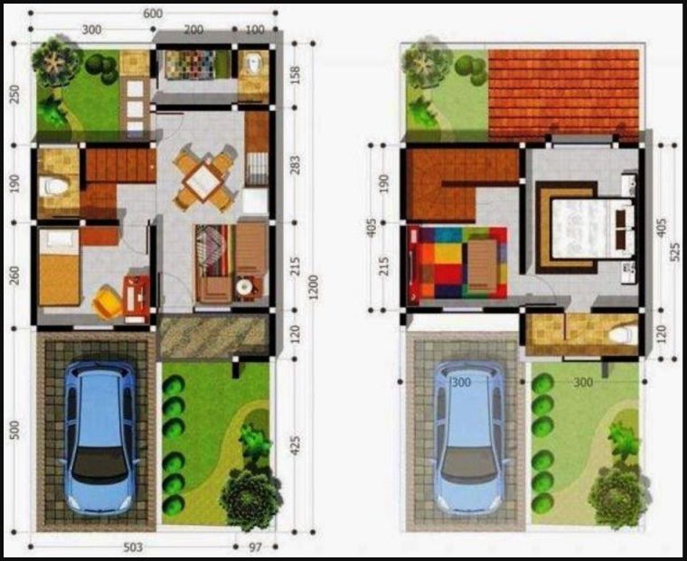 denah rumah 6x12 memanjang 2 lantai 2 kamar + carport