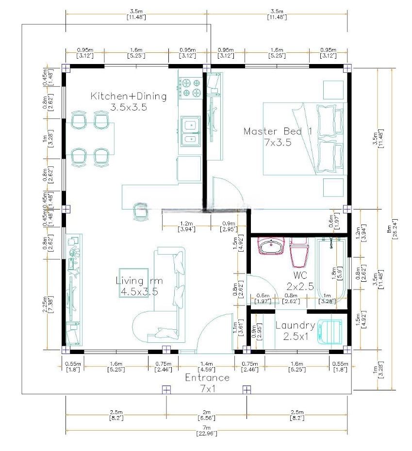 Denah Rumah Minimalis 7x7 1 Kamar