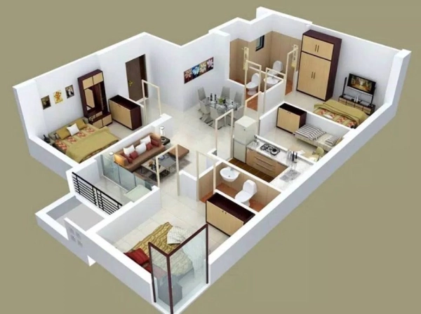 Denah Rumah 6x8 3 Kamar 1 Lantai