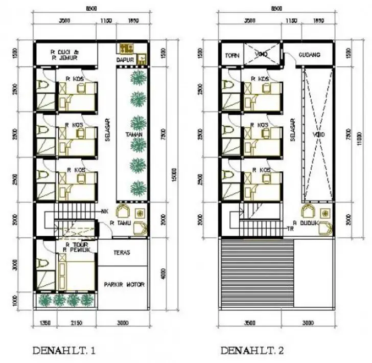 denah desain rumah kost 2 lantai