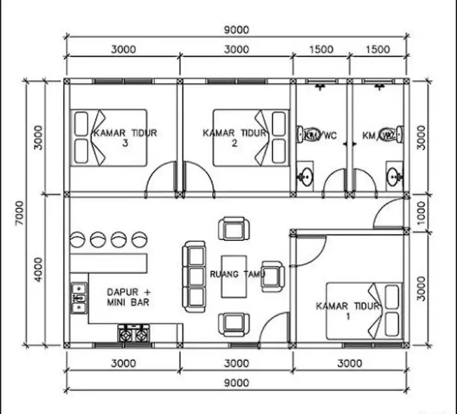 Denah Rumah 7x9 dengan 3 Kamar 1 Lantai