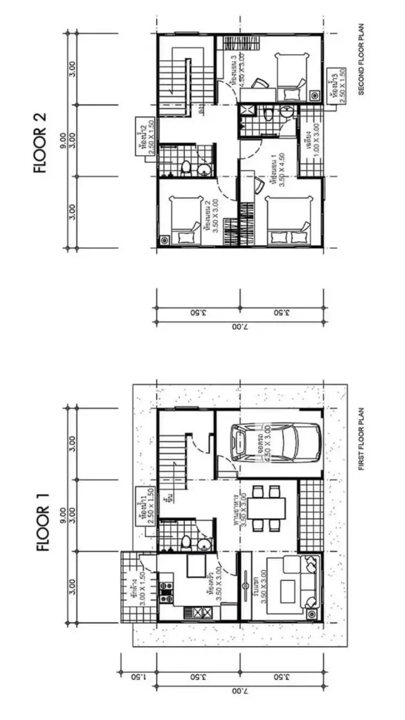Denah Rumah 9x7 3 Kamar 2 Lantai