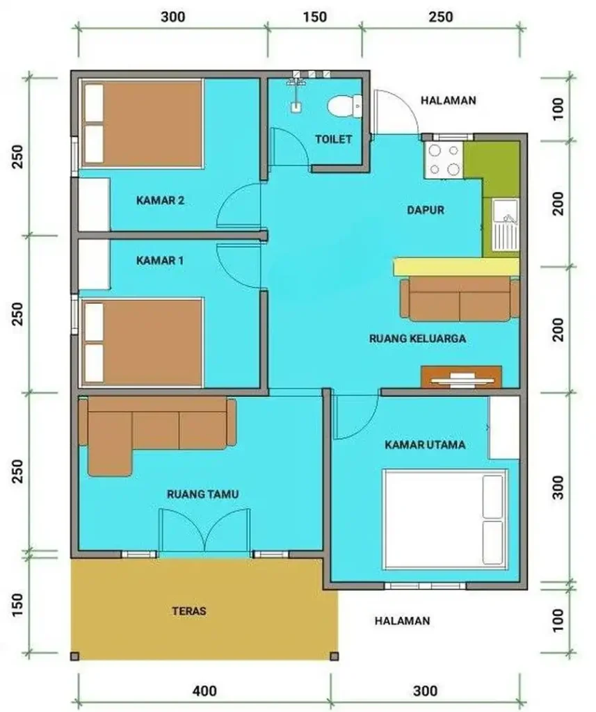 Sketsa Rumah 7x9 dengan 2 Kamar 1 Lantai