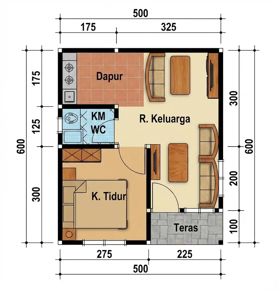 denah rumah 6x5 1 kamar 1 lantai