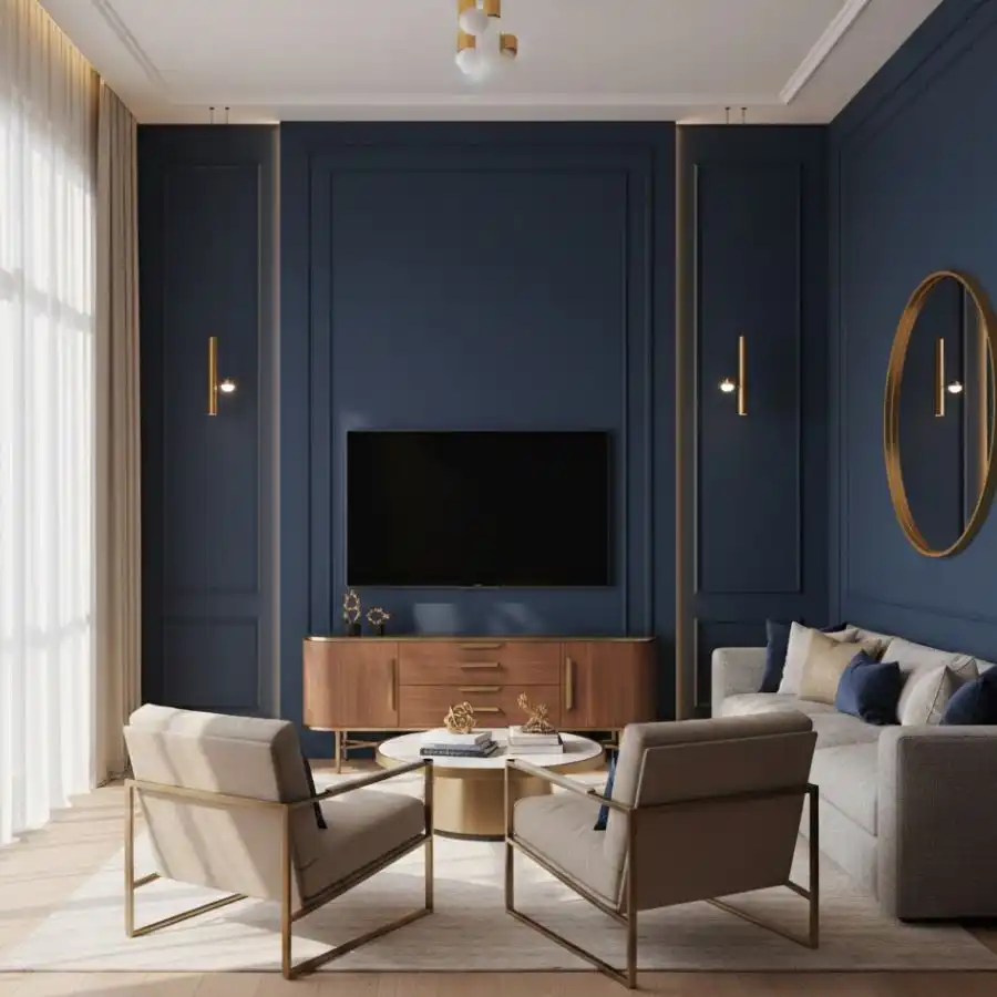 warna cat ruang tv minimalis Warna Biru Tua